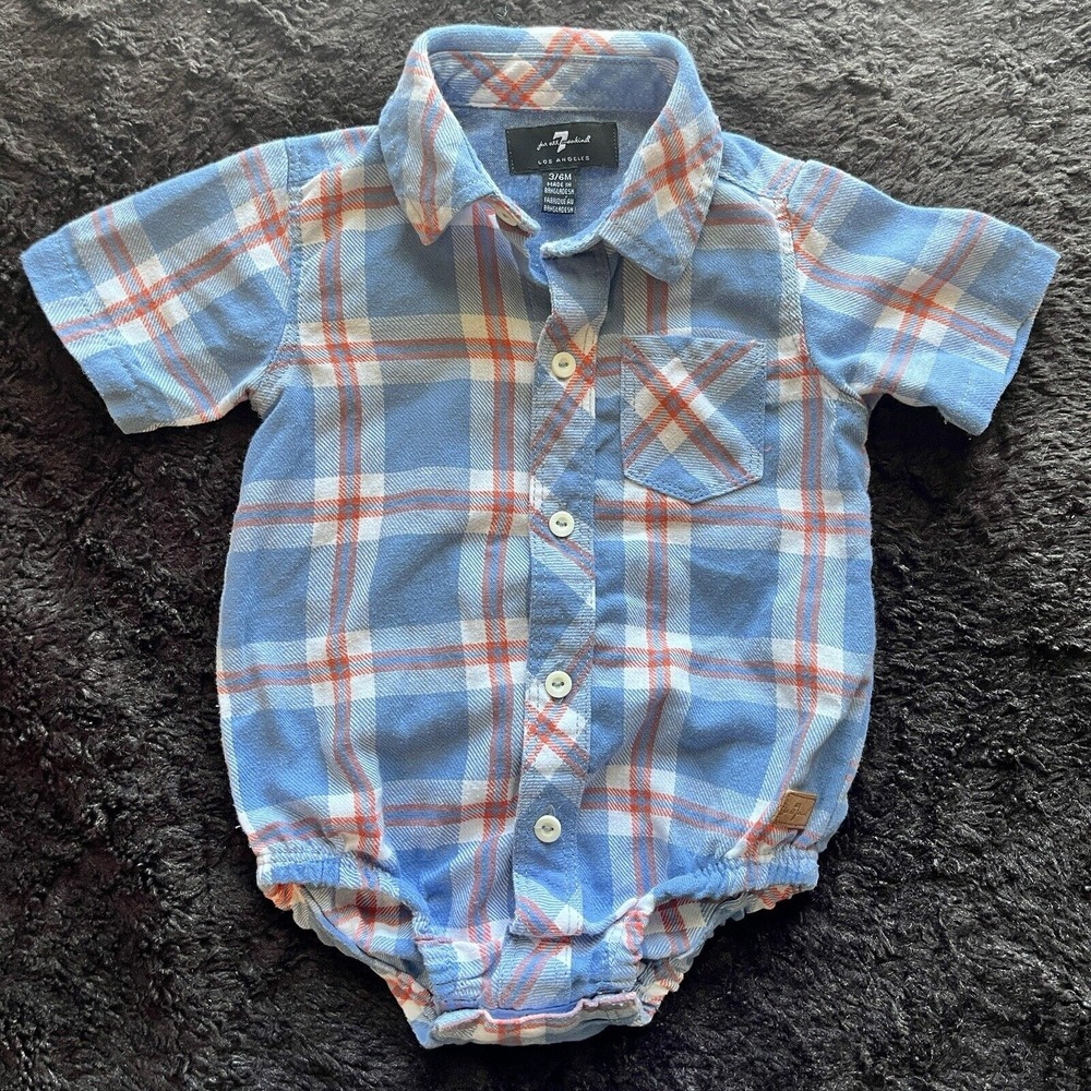 7 For All Mankind Blue Orange Plaid Baby One Piece Snap Bottom Shirt 3/6 months